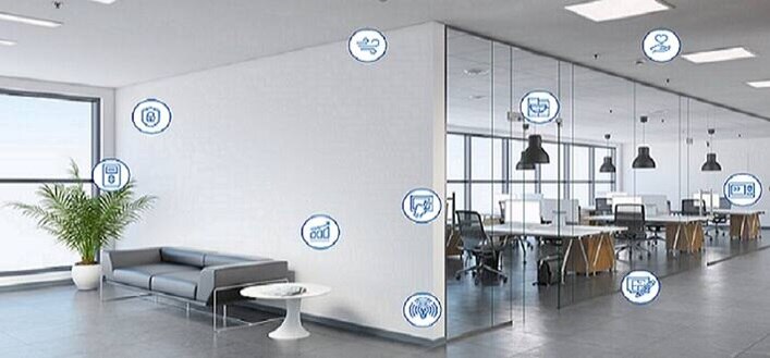 Interior of an office, with various icons of automation devices