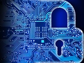Blue graphic illustration of a lock with graphics depicting a silicon chip