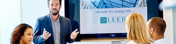 Man presenting tv conference meeting