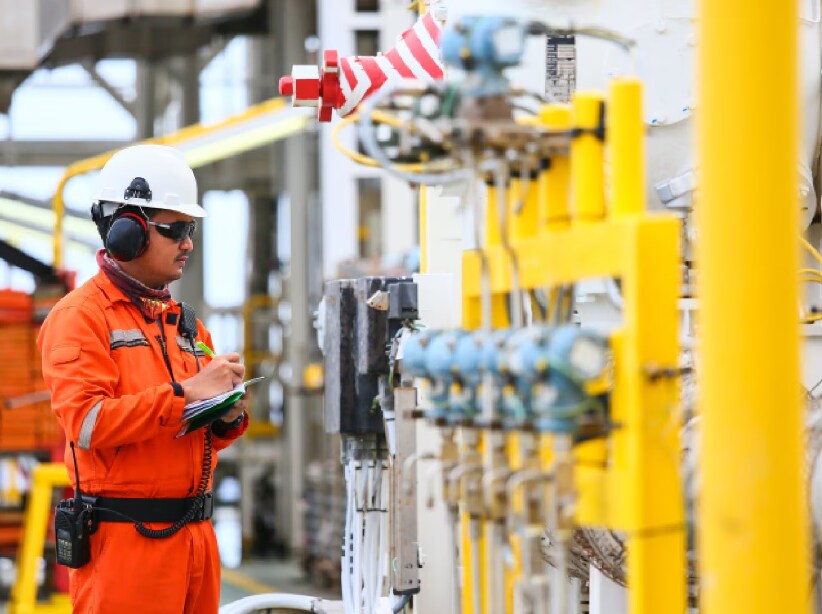 Employee safety suit and helmet taking down readings of an oil and gas machine