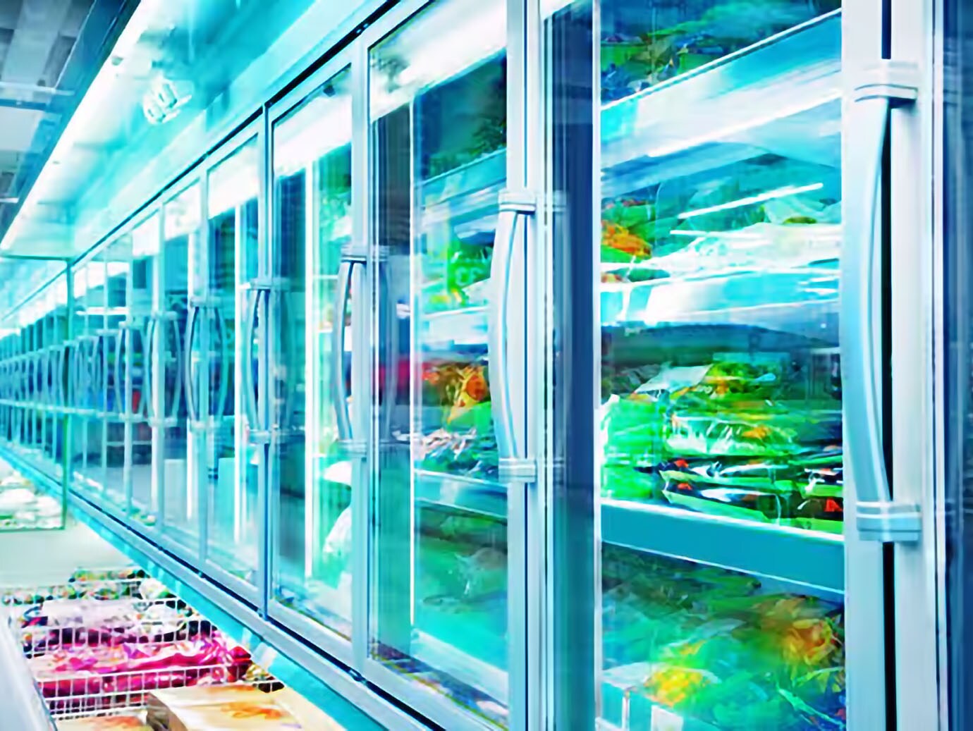 A row of refrigerators in a supermarket containing fresh produce