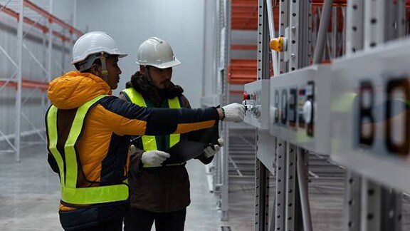 Two warehouse workers examining rows of equipment