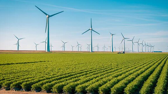 A row of wind turbines at a wind farm