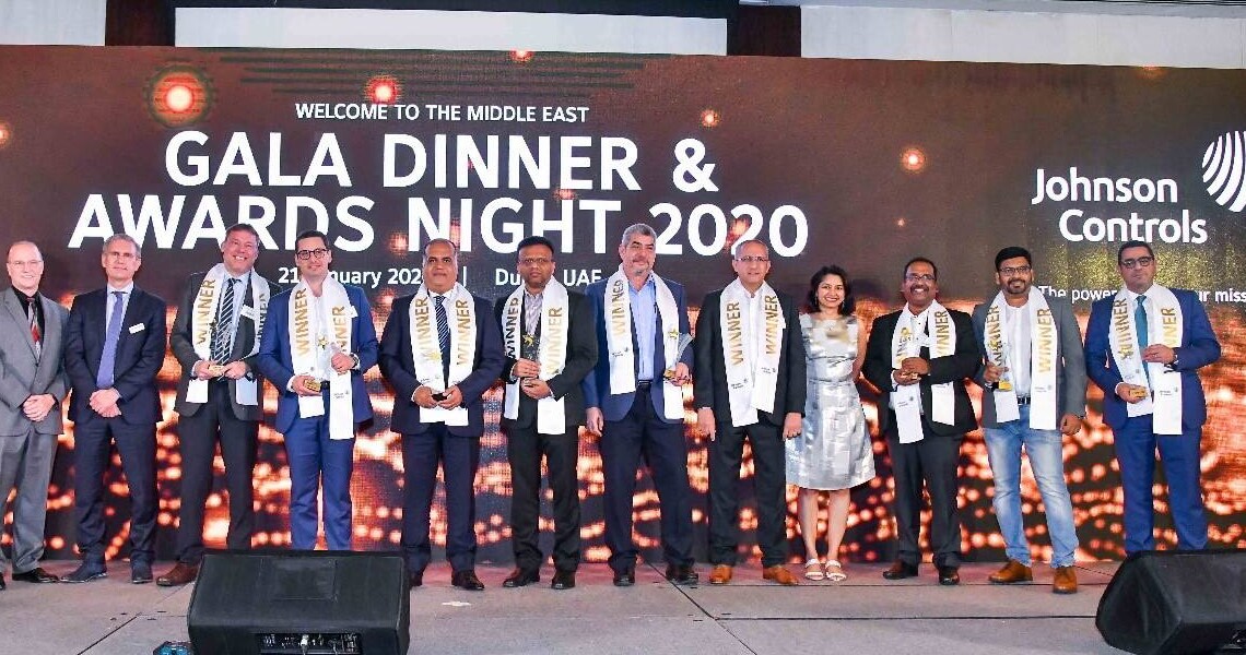 Guests on stage of the Gala Dinner & Awards Night of the Johnson Controls Middle East Channel Partner Event in Dubai