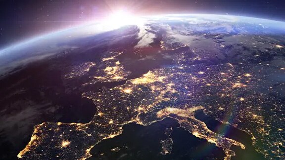 A night view of the Mediterranean European coastline seen from space