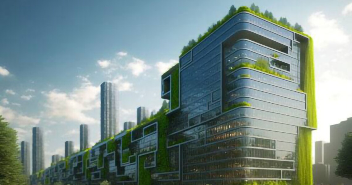 Futuristic office building covered in greenery