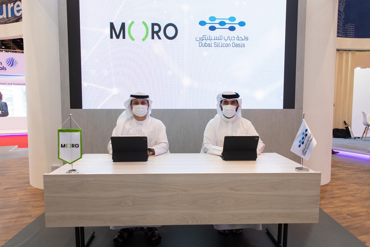 Eng. Muammar Khaled Al Katheeri, Executive Vice President of Engineering and Smart City at DSO, and Eng. Marwan Bin Haidar, Vice Chairman & Group CEO of Digital DEWA at DSO’s stand at WETEX 2021, which is organised at the Dubai Exhibition Centre, Expo 2020 Dubai