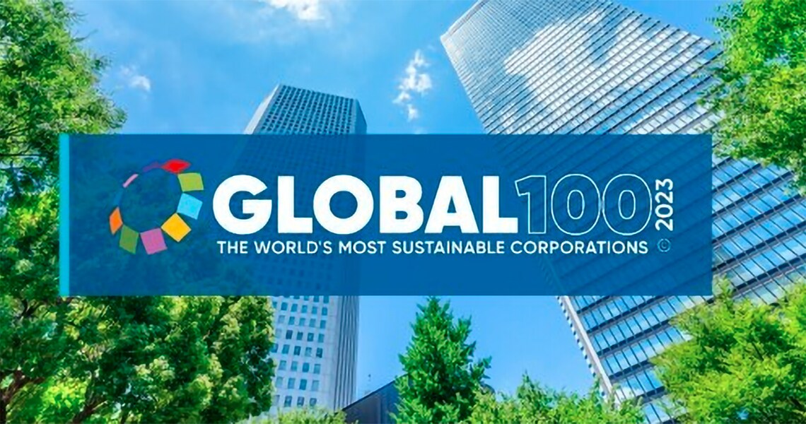 Poster highlighting the recognition of Johnson Controls in the 2023 Global 100 Listing of the World's Most Sustainable Corporations