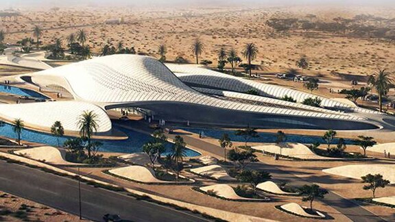 Aerial view of the BEEAH Headquarters in Sharjah, UAE