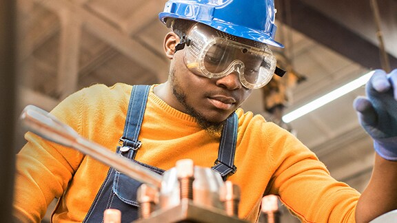 Man wearing Blue Helmet