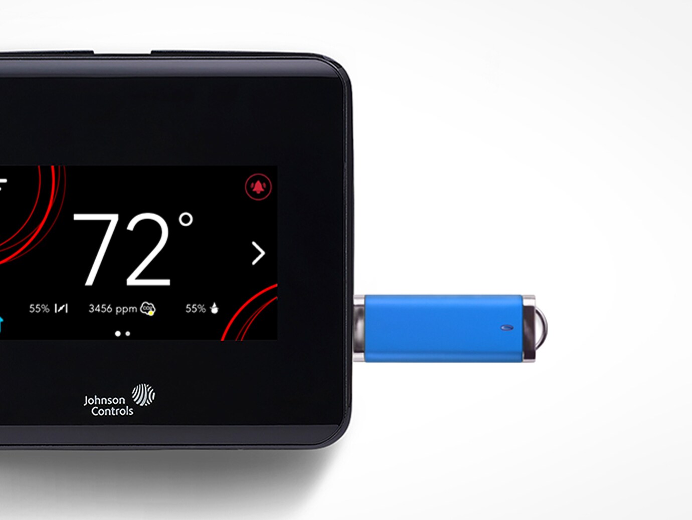 A black networked thermostat with a blue USB port attached to it