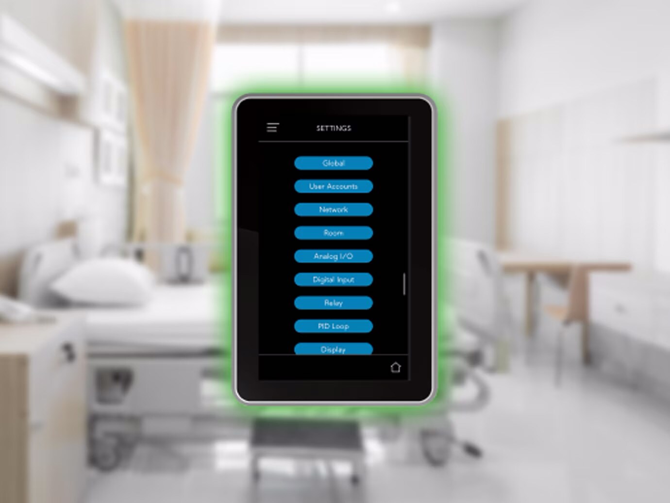 A device displaying room settings overlaid over a hospital room