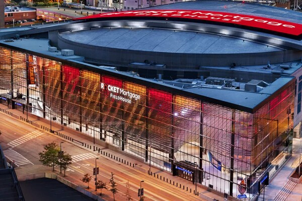 Top-angle view of Rocket Mortgage FieldHouse during nighttime
