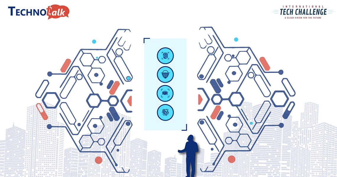 A poster for the Technotalk talkathon, with graphics and icons depicting technology