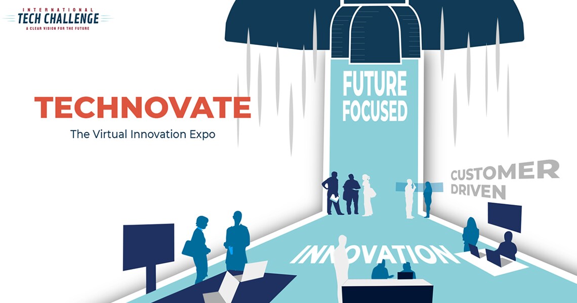 A poster for the Technovate Virtual Expo, with graphics of people and rocket taking off