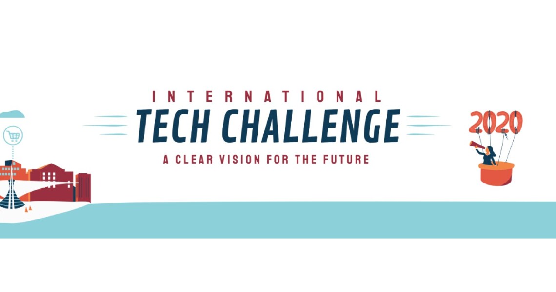 A banner for the International Tech Challenge 2020, with vector illustrations of a cityscape