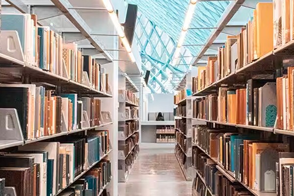 An aisle between bookshelves in a library