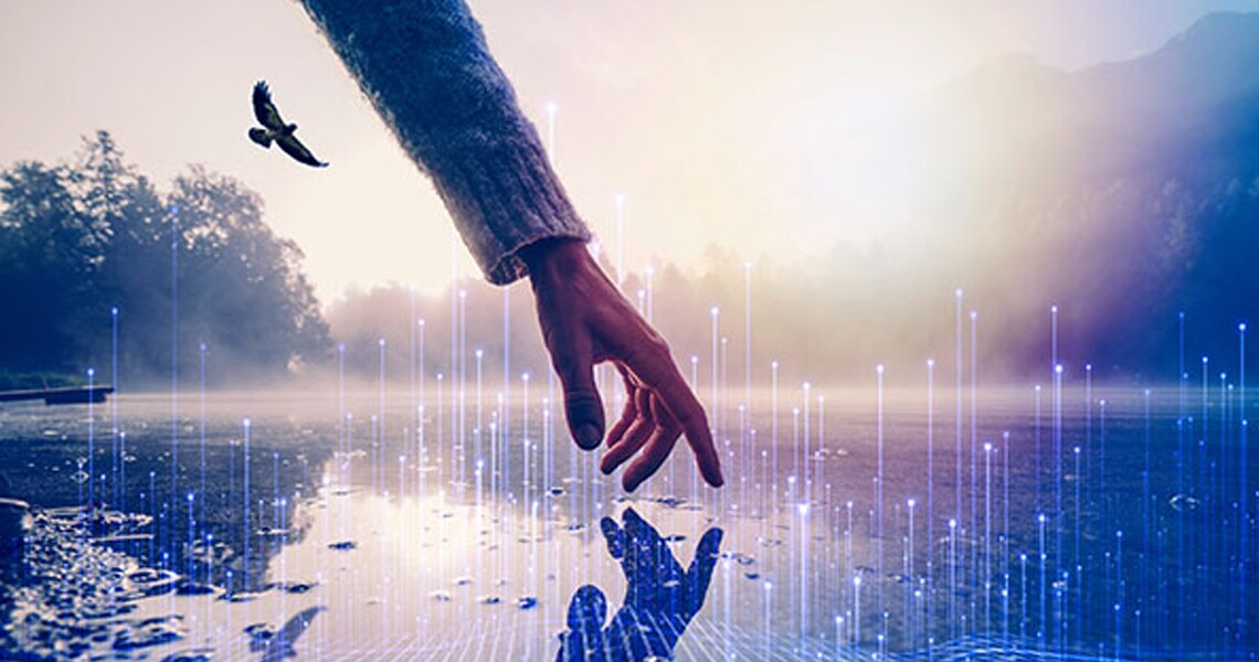 A human hand touching the surface of a water body, overlaid with a graphic of transmission nodes