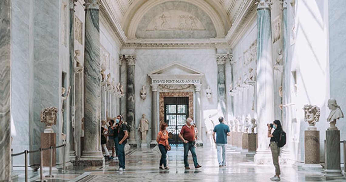 Interior of a museum with high archways