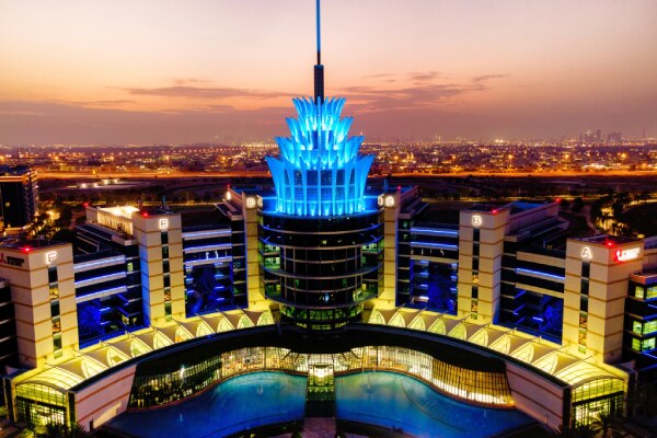 Exterior of Dubai Silicon Oasis during night-time