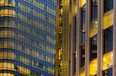 Close-up of the exteriors of two skyscrapers