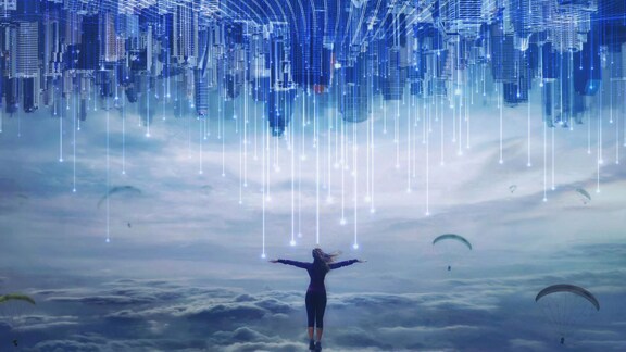 lady open arms blue graphics