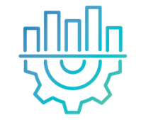 Blue line-illustration of a bar graph, with the lower half of a cog beneath it