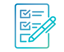 Blue line-illustration of a pen ticking items on a checklist