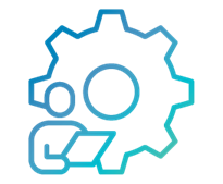 Blue line-illustration of a person holding a document, with a cog behind