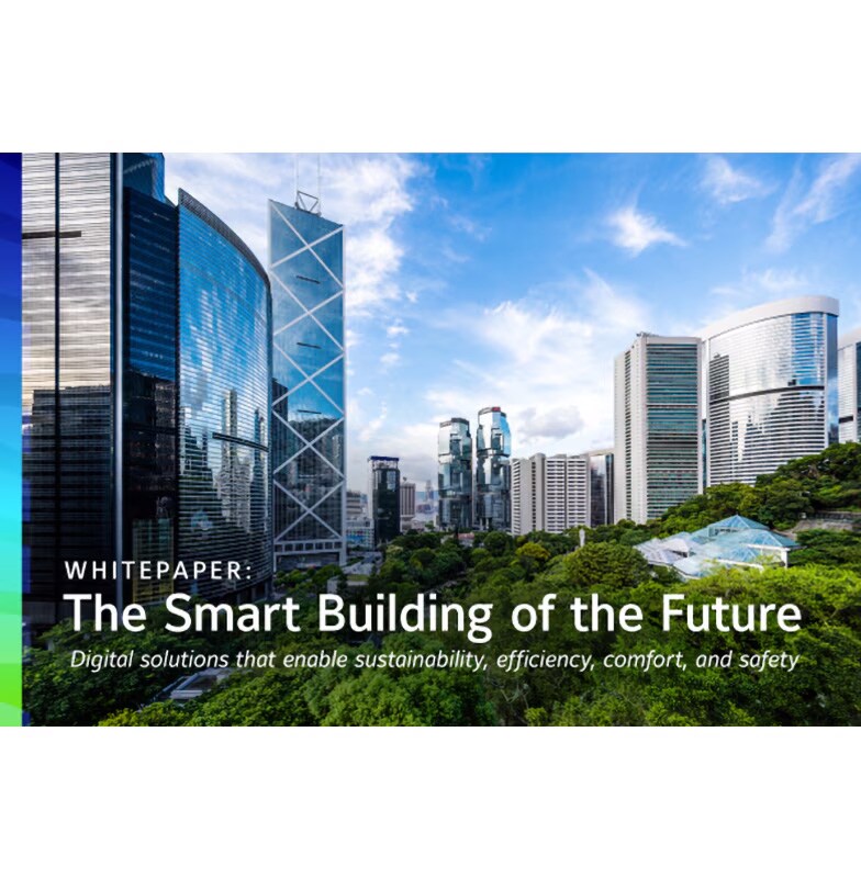 Skysrapers surrounded by trees, with the title of the whitepaper The smart building of the future in the foreground