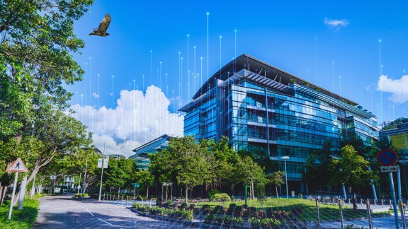 A corporate building surrounded by greenery, where an eagle is flying