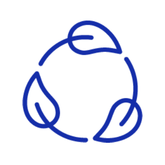 Blue line-illustration of three leaves in a circular pattern