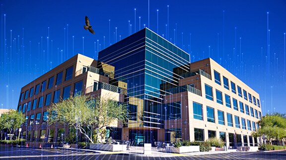 A commercial building at daytime, with an eagle flying near it