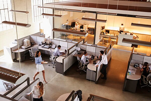 Aerial view of a busy office suite with cubicles